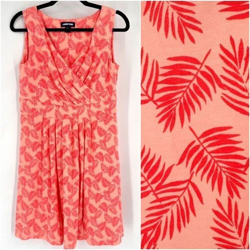 Land's End Womens Palm Leaves Surplice Faux Wrap Dress Medium Red Coral Tropical
